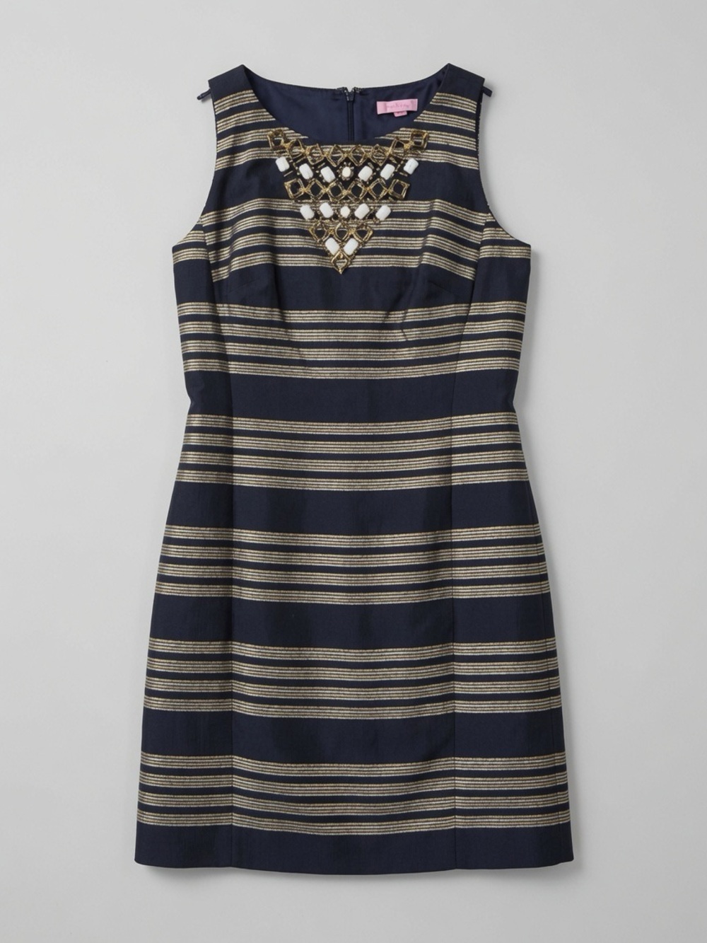 Lilly Pulitzer Navy & Gold Striped Sleeveless Midi Dress with Jewel Detail
